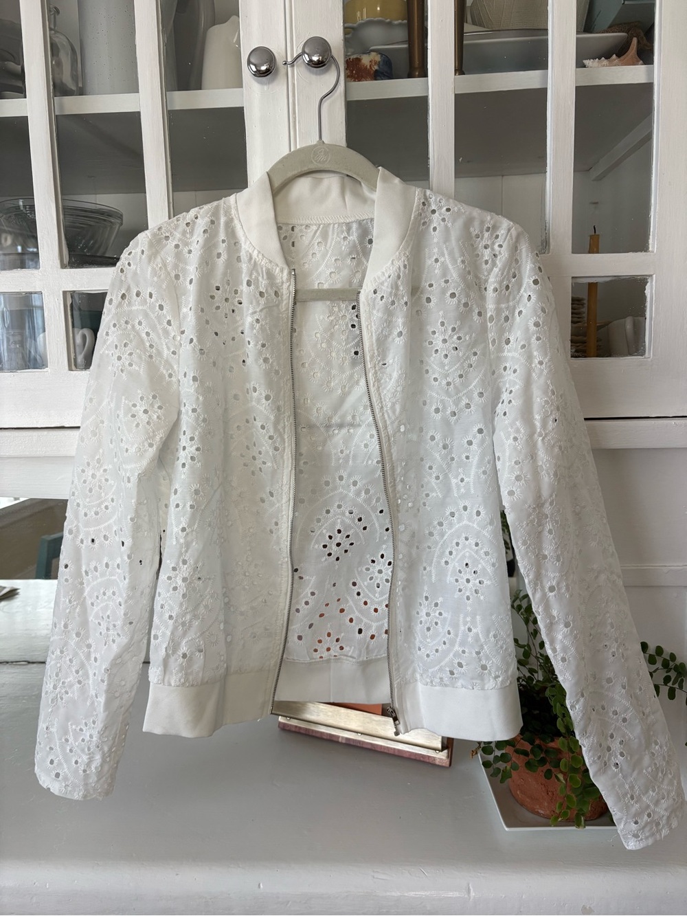 Women's White Eyelet Bomber Jacket